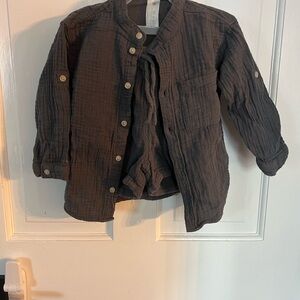 Dark Gray Button-Up Shirt & Shorts for Kids
